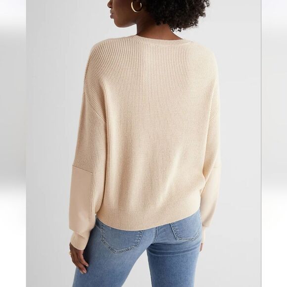 Express Ivory Relaxed Crew Neck Sweater Faux Leather Patch Sleeve Size XL - Picture 2 of 7